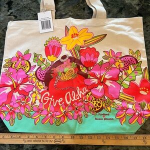 Large Hawaiian “Give Aloha” Floral Canvas Tote Bag NWT